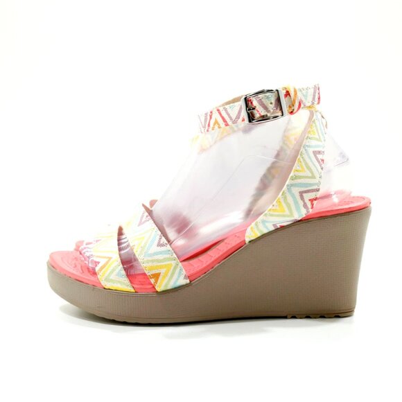 Crocs Leigh Strappy Graphic Canvas Lightweight 3" Wedge Heel Sandals - 9 - Picture 1 of 7